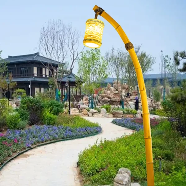 Curved Bamboo Style LED Garden Light - Waterproof Oriental Lantern for Outdoor Paths