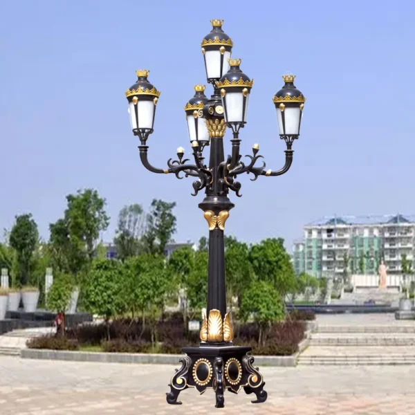 Royal European Vintage 5-Head LED Garden Post Light - Black & Gold Waterproof Aluminum Lamp
