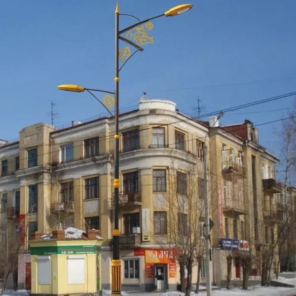 Decorative Double-Arm LED Street Light – Ornate Golden Leaf Design