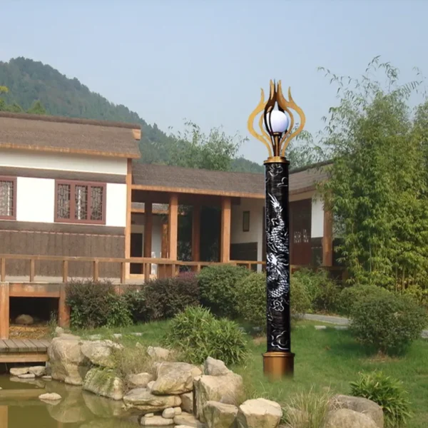 Chinese Traditional Dragon Carved LED Post Light - Waterproof Aluminum Outdoor Lamp