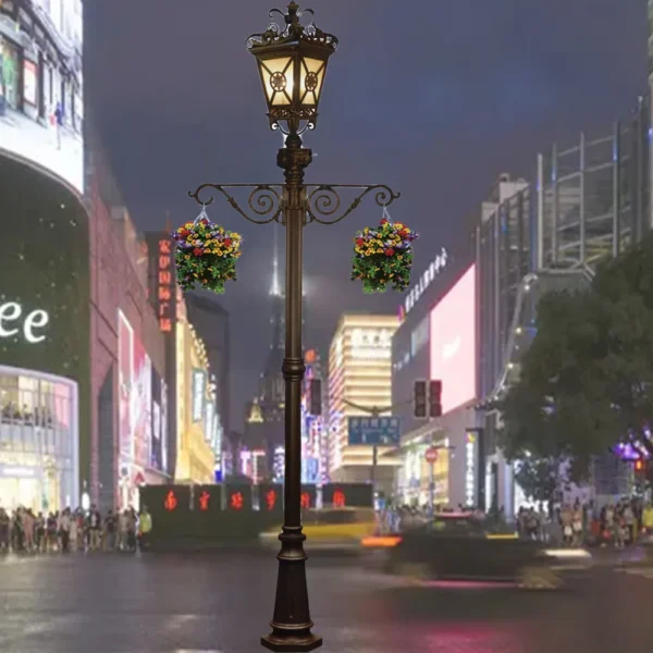 European Vintage LED Garden Post Light with Hanging Plant Brackets