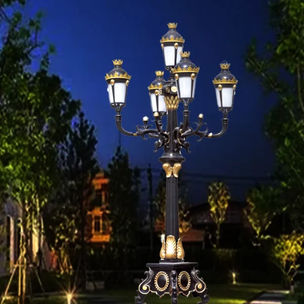 Royal European Vintage 5-Head LED Garden Post Light - Black & Gold Waterproof Aluminum Lamp