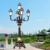 Royal European Vintage 5-Head LED Garden Post Light - Black & Gold Waterproof Aluminum Lamp