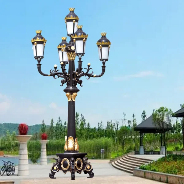 Royal European Vintage 5-Head LED Garden Post Light - Black & Gold Waterproof Aluminum Lamp