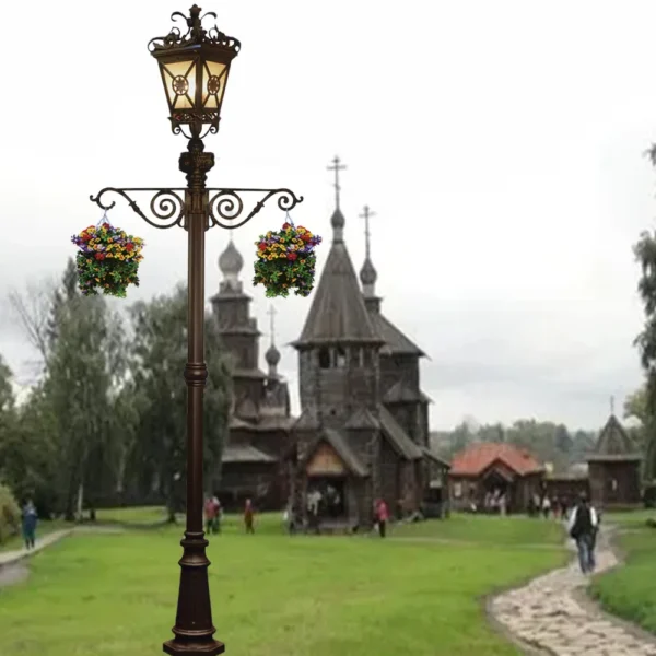 European Vintage LED Garden Post Light with Hanging Plant Brackets