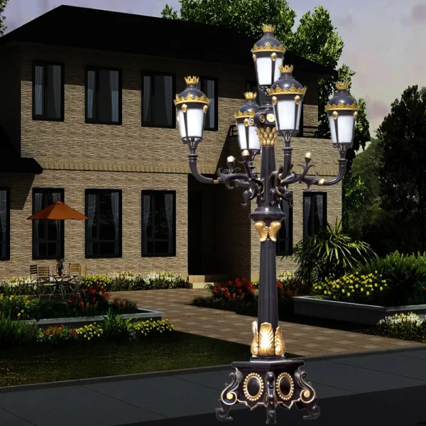 Royal European Vintage 5-Head LED Garden Post Light - Black & Gold Waterproof Aluminum Lamp