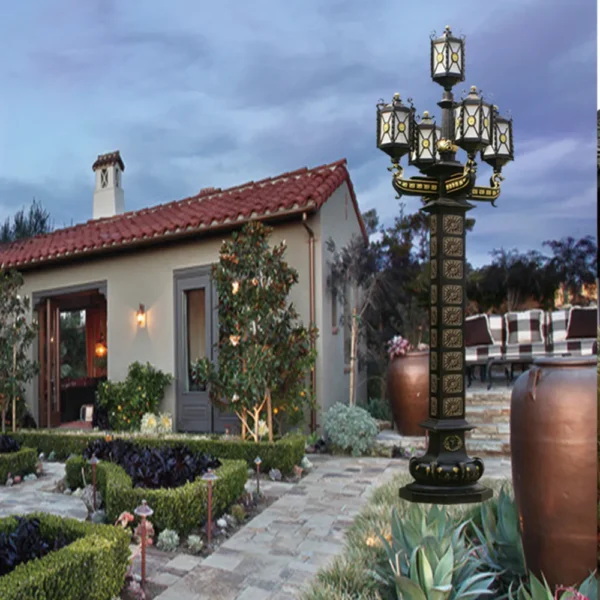 Imperial European Vintage 5-Head LED Garden Post Light - Black & Gold Waterproof Aluminum Lamp