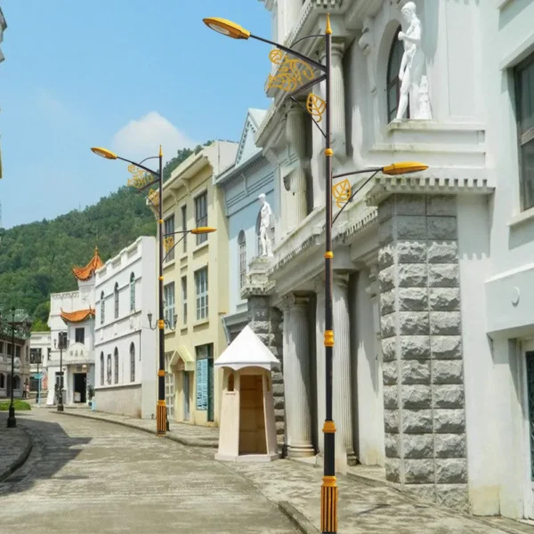 Decorative Double-Arm LED Street Light – Ornate Golden Leaf Design