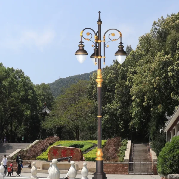 European Vintage 3-Head LED Garden Post Light - Black & Gold Waterproof Aluminum Lamp
