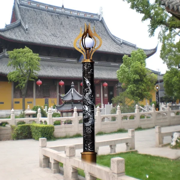 Chinese Traditional Dragon Carved LED Post Light - Waterproof Aluminum Outdoor Lamp