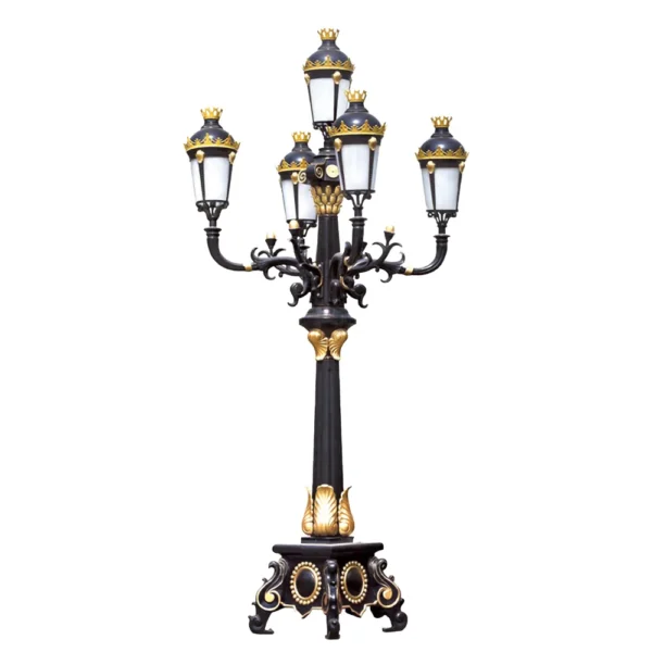 Royal European Vintage 5-Head LED Garden Post Light - Black & Gold Waterproof Aluminum Lamp