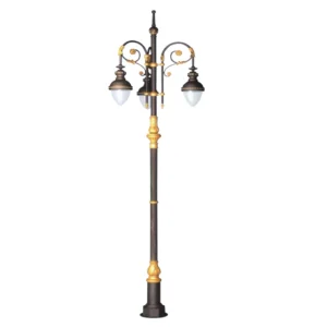 European Vintage 3-Head LED Garden Post Light - Black & Gold Waterproof Aluminum Lamp