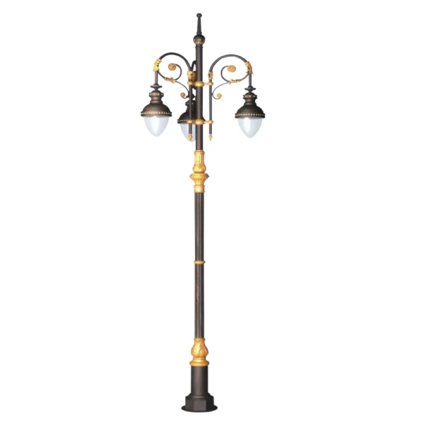 European Vintage 3-Head LED Garden Post Light - Black & Gold Waterproof Aluminum Lamp