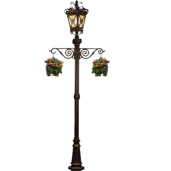 European Vintage LED Garden Post Light with Hanging Plant Brackets